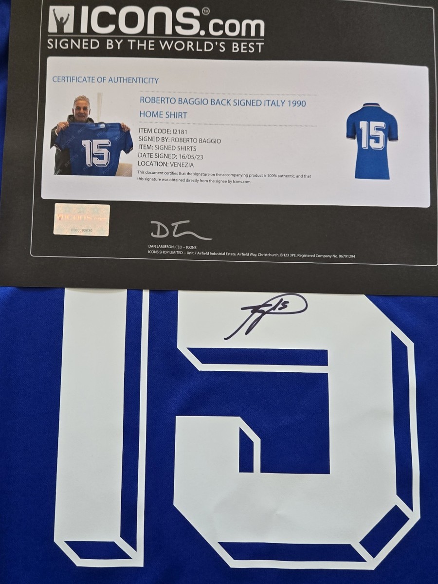 Roberto Baggio Signed 1990 Signed Back Italy #15 Home Jersey Icons