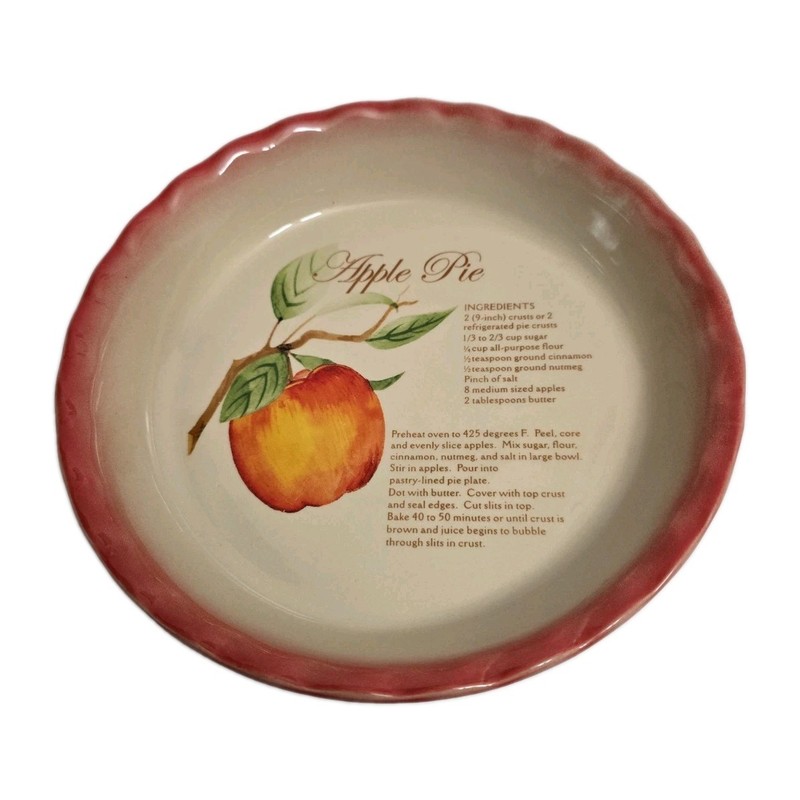 Vintage Apple Pie Recipe Baking Dish Pie Plate Pottery Scalloped Red Rim 10”