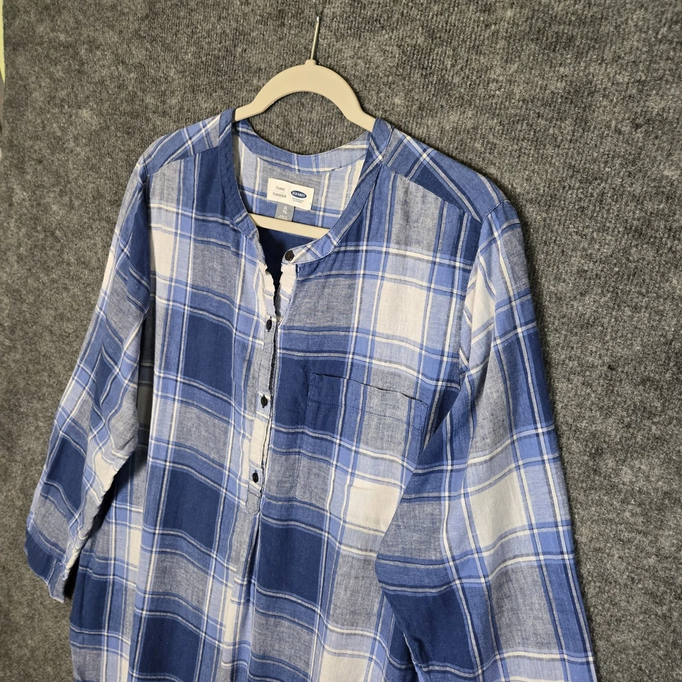 Old Navy Top Womens XL Blue White Plaid Cotton Linen Tunic Long Sleeve Henley - Image 3 of 4