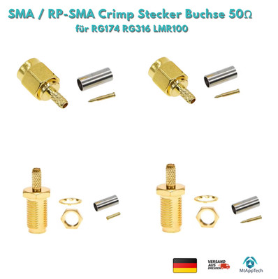 SMA / RP-SMA Crimp Stecker Buchse 50Ω für  RG174 RG316 LMR100