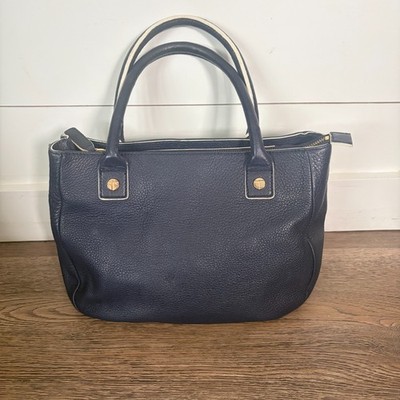 Talbots Leather Purse Navy Double Handle Satchel Divided Interior Gold Hardware