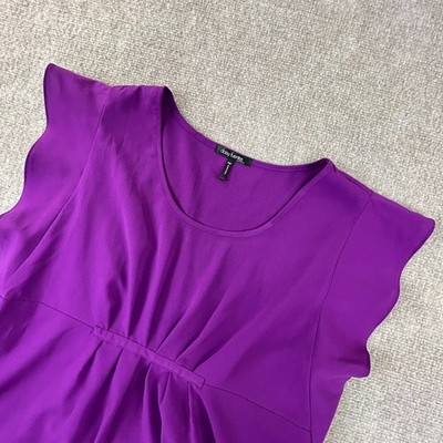 Daisy Fuentes Blouse Top Women MP Purple Flutter Sleeve Pleated Stretch Bow Back
