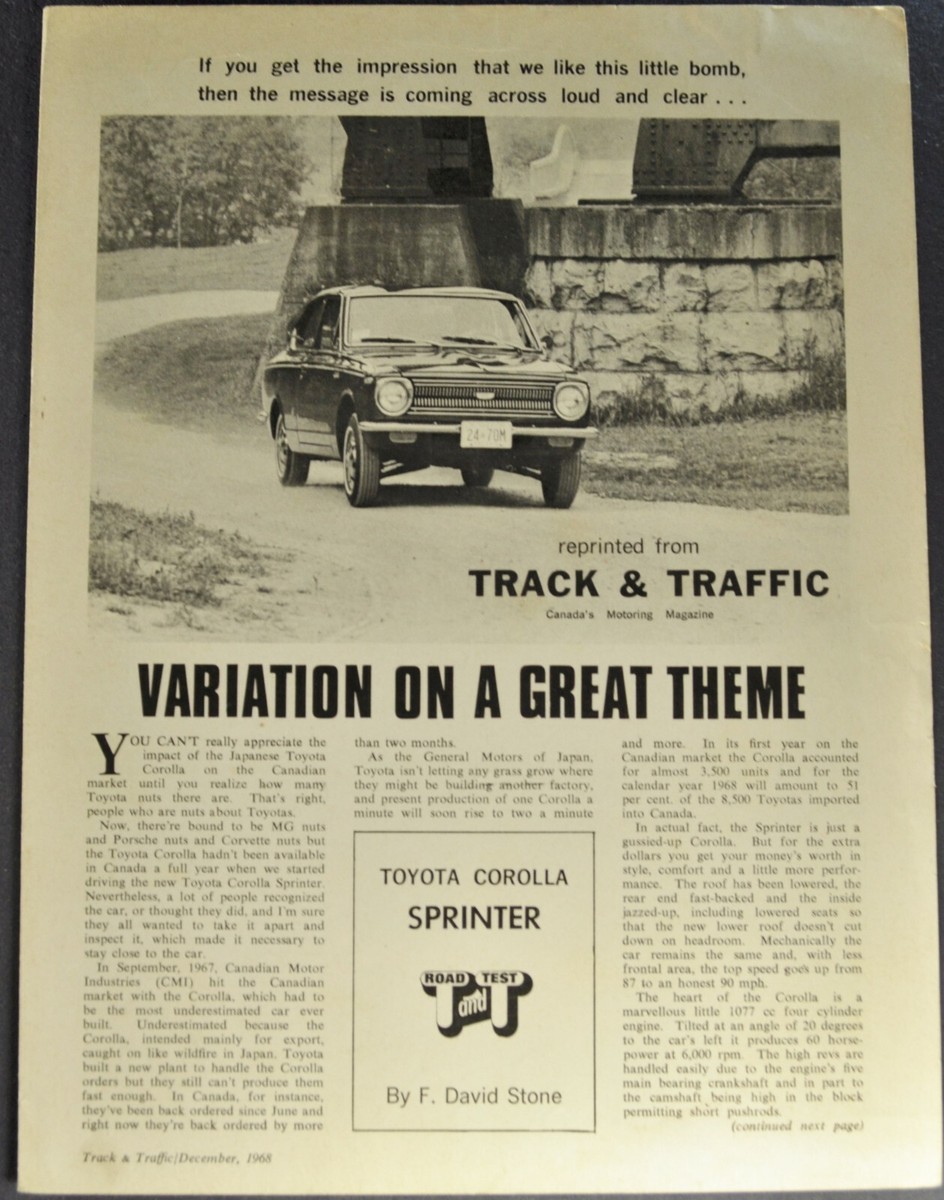 1969 Toyota Corolla Sprinter Road Test Brochure Folder Nice