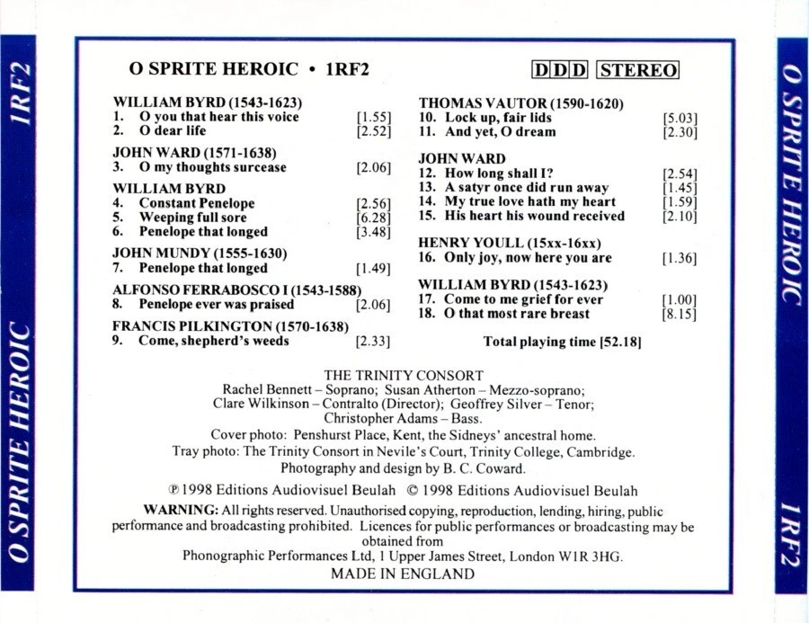 O Sprite Heroic: The Life, Love & Death of Sir Philip Sidney CD Trinity Consort - Image 2 of 2