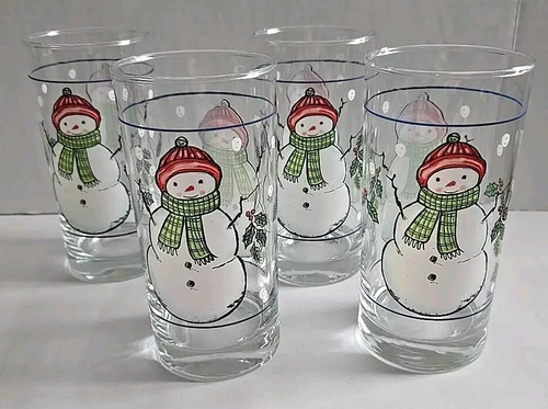 Vtg Libbey Snowman With Holly Glasses (Lot Of 4) Christmas Highball Winter 16 oz