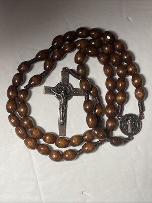 Saint St Benedict Wooden Beaded ROSARY Prayer       Beads Copper Crucifix Cross