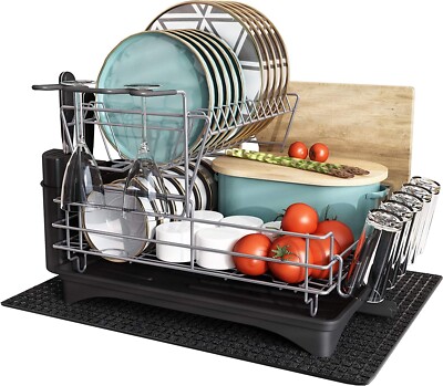 MAJALiS Dish Drying Rack and Drainboard Set, 2 Tier Large Dish Rack with Swivel