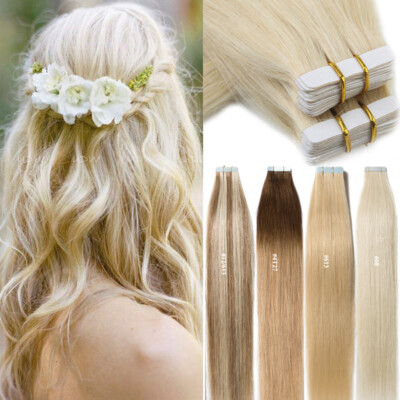 60pcs Tape In 100% Real Thick Human Hair Extensions Seamless Skin Weft Blonde US