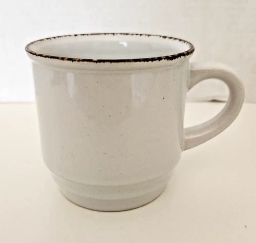 Lot of 4 Stoneware teacups coffee mugs Set Japan White with Brown Speckled Rim