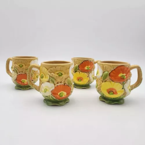 Mugs Fred Roberts Coffee Cup Poppies Yellow Orange Vintage Mid-Century Set Of 4