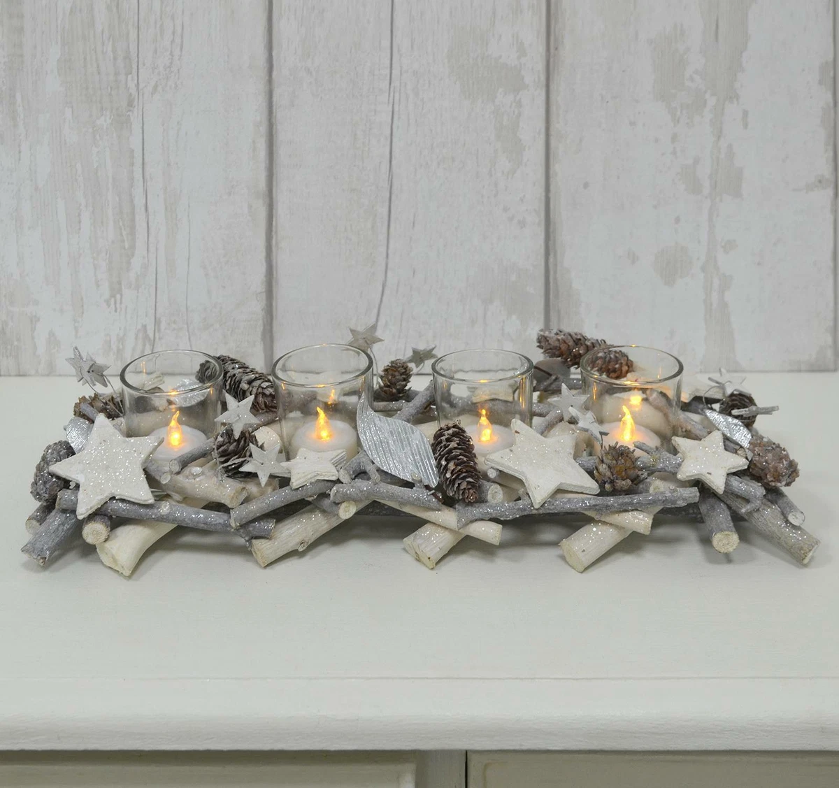 Grey Christmas Candle Holder Wood Twigs Silver Stars 4 Glass Tealight Jars 40cm