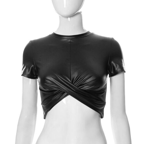 Women Faux Leather PU Crop Top Fit Short Sleeve Sexy Crew Neck Punk Top Slim - Picture 4 of 10
