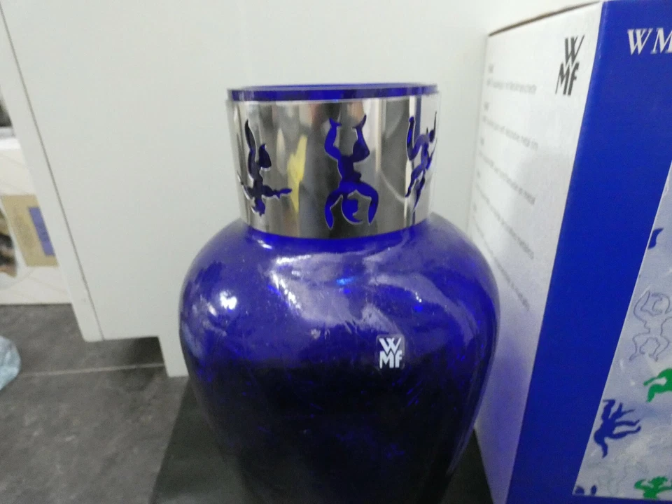 (5006) WMF Spirits Vase blaues Craqueleglas mit Metallmanschette neuw. in OVP - Bild 2 von 4