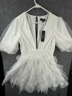 NWT Lulus Fairycore White Lace Ruffle Short Sleeve Dress Medium Short