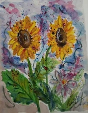 Watercolor painting ORIGINAL art SUNFLOWERS & BUGS+ ABSTRACT 9 x 12"