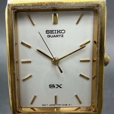 Seiko SX Tank Watch Men 24mm White Dial Gold Tone Rectangle V701