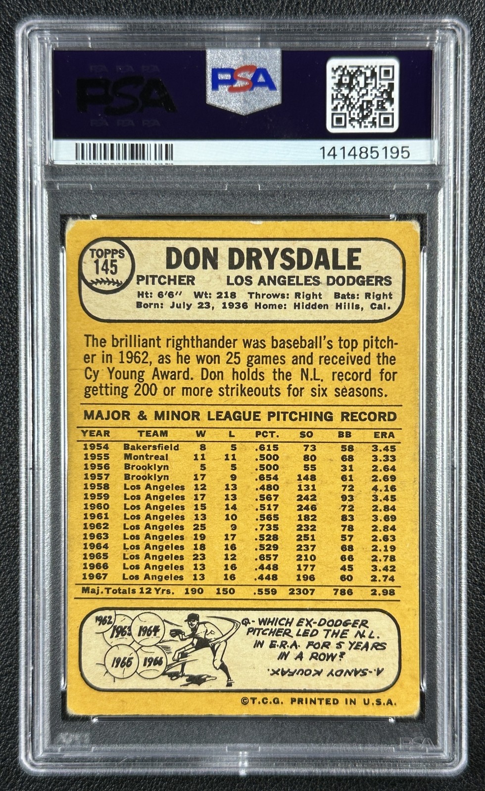 DON DRYSDALE PSA 2 1968 TOPPS #145 DNA 8 AUTOGRAPH AUTO DODGERS 5195 view 2
