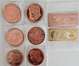 Six Copper Coins and Two Copper Bars- One ounce each.  8 total ounces of copper