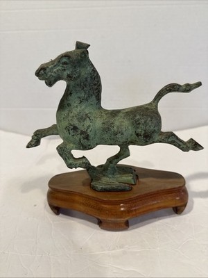 Vintage Reproduction ''Flying Horse Of Gansu'' Bronze Statue On Wood Base 8''x6''