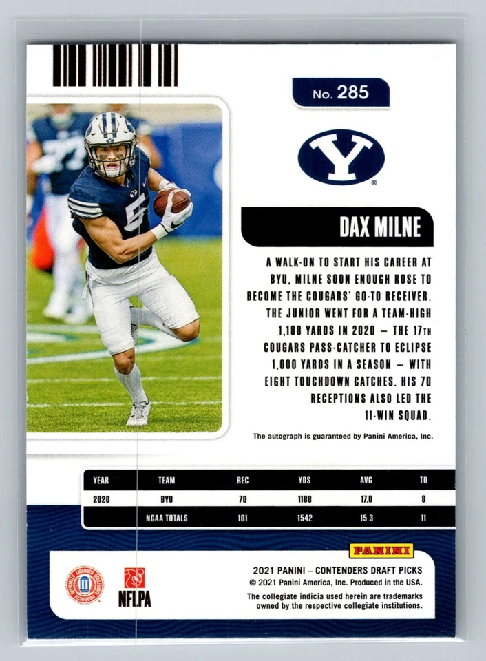 2021 Panini Contenders Draft Picks Dax Milne Auto #285 - Image 2 of 2