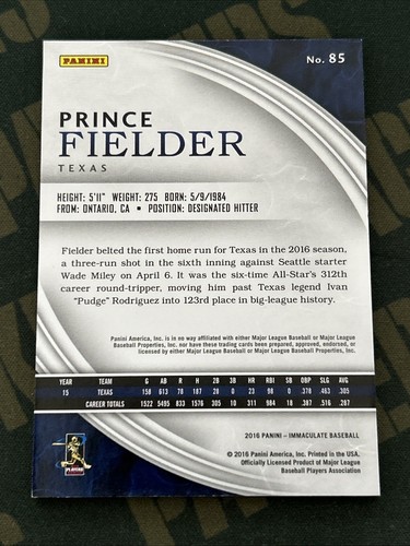 2016 Immaculate Collection #85 Prince Fielder Numbered 75 of 99 Texas Rangers - Picture 2 of 2