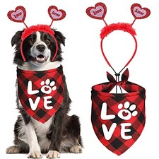 Valentine's Day Dog Bandana Costumes, Valentines Love Headband Buffalo Plaid