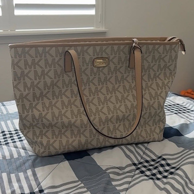 Michael Kors Beige Brown MK Logo Tote Bag Gold Hardware Double Handles