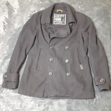 Superdry Peacoat Pea Coat Wool Blend Jacket Grey Double Breasted Mens L Slim