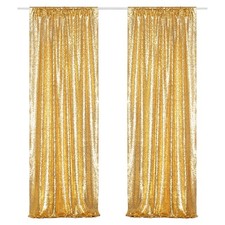 2 Panels 2x8ft Gold Sequin Glitter Background Backdrop Curtains Set