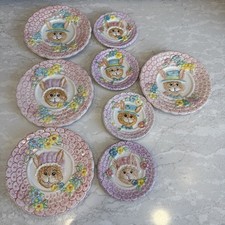 Tea Party Set Bunnies in the Garden 1994 Hand Painted Mercuries Set Of 8 