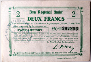 Billet NECESSITE 2 Francs BRU de VAUX ANDIGNY 1916/18 ( AISNE)