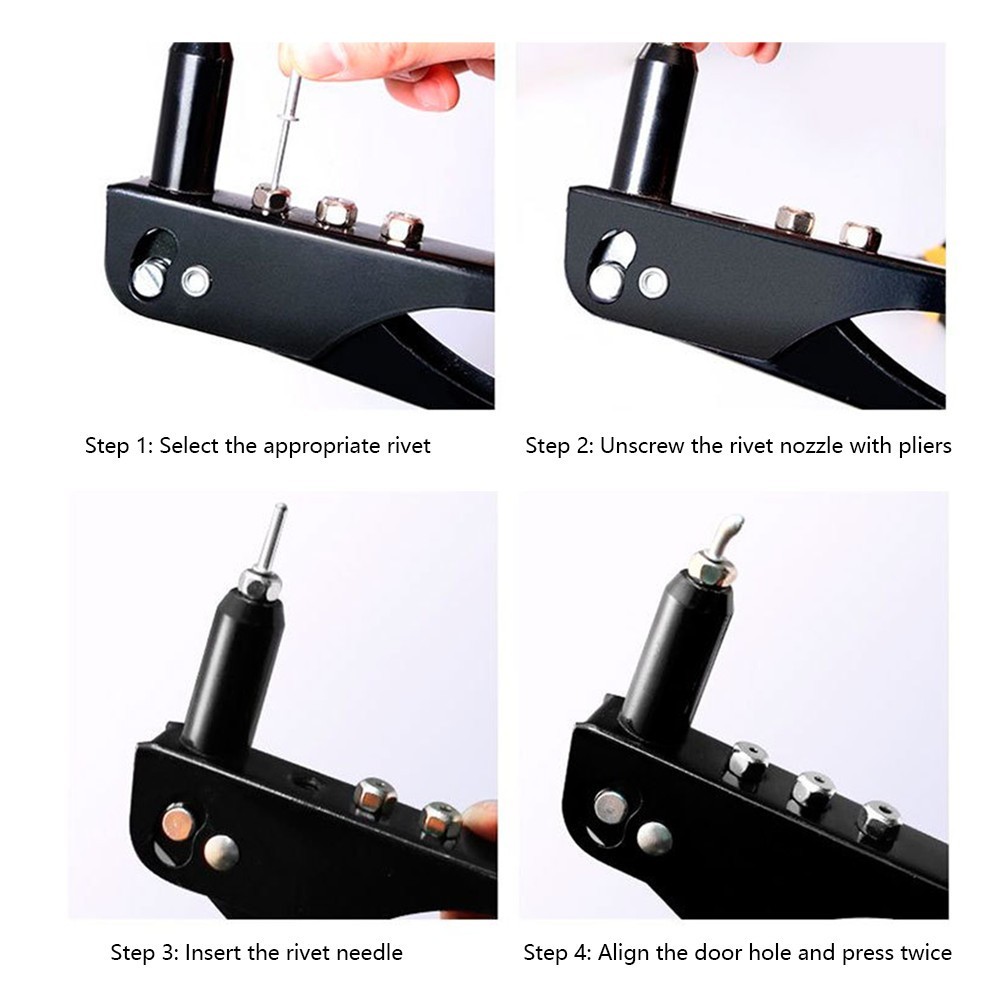 Assorted Rivets 4 Nozzle Head Sizes Hand Pop Rivet Gun Tool Kit 380 Heavy Duty {