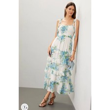 Yumi Kim Maxina Dress White Blue Floral Maxi Smocked Tiered Sleeveless Sz S