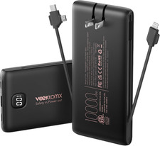 PORTABLE CHARGER POWER BANK BUILT IN CABLES AND WALL PLUG, 10000Mah