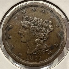 1851 Braided Hair Half Cent 1/2C Copper Coin - AU Detail (U75)