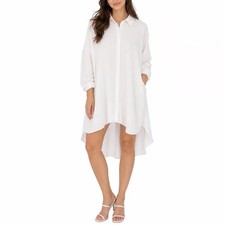 Zara Womens Oversized Button Down Shirt Dress White High Low Hem Short Sleeve S