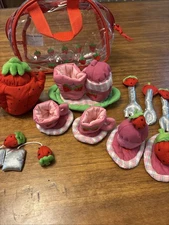 Vtg Lillian Vernon Strawberry Plush Soft Fabric Tea Set Pot Cup Sugar Saucers