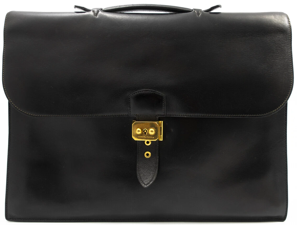 Men's Vintage HERMES Black Leather Sac a Depeches 41 Briefcase at