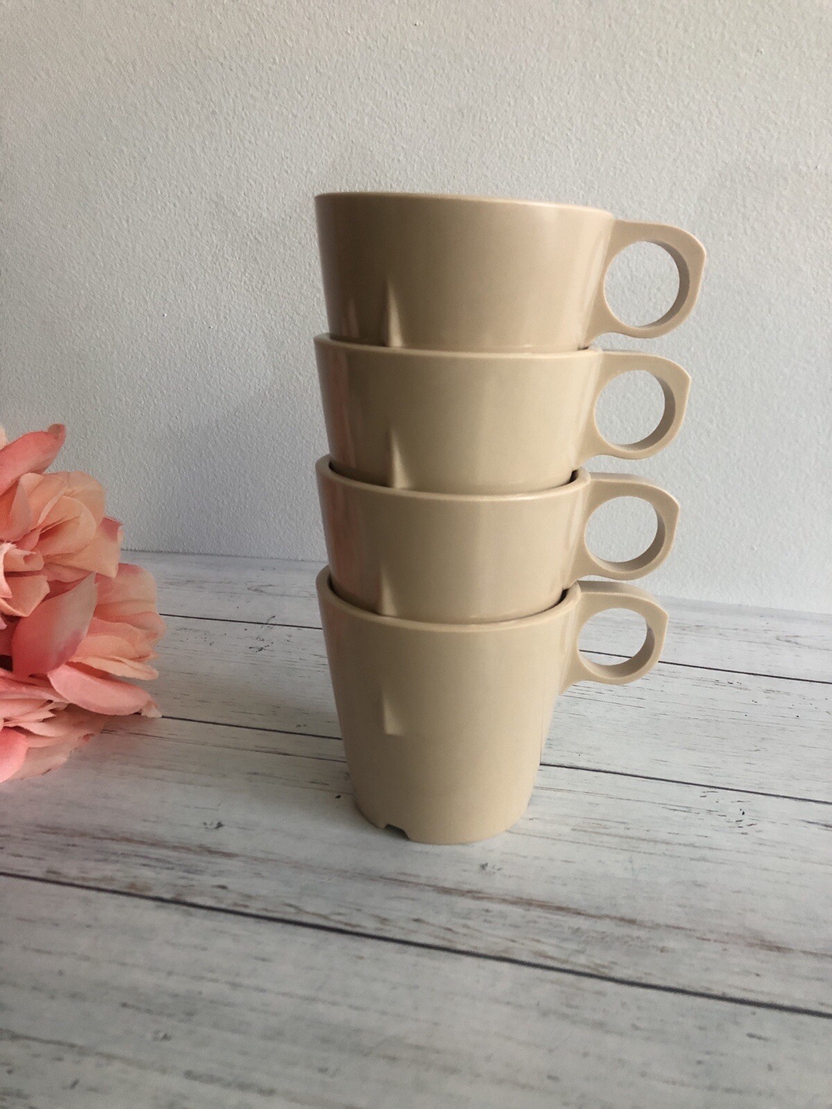 Vintage TEXAS WARE Tan Coffee Cups Mug Stackable LOT OF 4