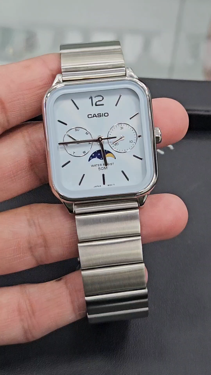 Casio Men's Square Stainless Steel Watch with Moon Phase - MTP