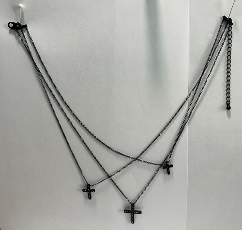 Jewelry Goth Fashion Necklace Black Chains, 3 Black Crystal Crosses Slide(D35A20 - Picture 5 of 10