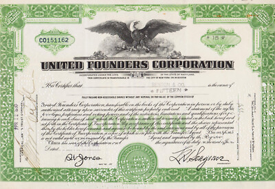UNITED FOUNDERS CORPORATION - 15 Aktien 1930 - USA / USA Stammaktien 