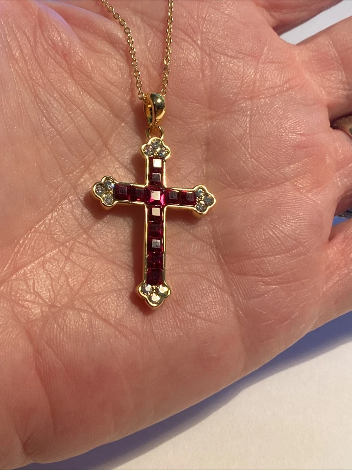 Princess Cut Simulated Ruby & Diamond Cross 1.75" Pendant 925 Yellow Gold Finish - Image 4 of 4