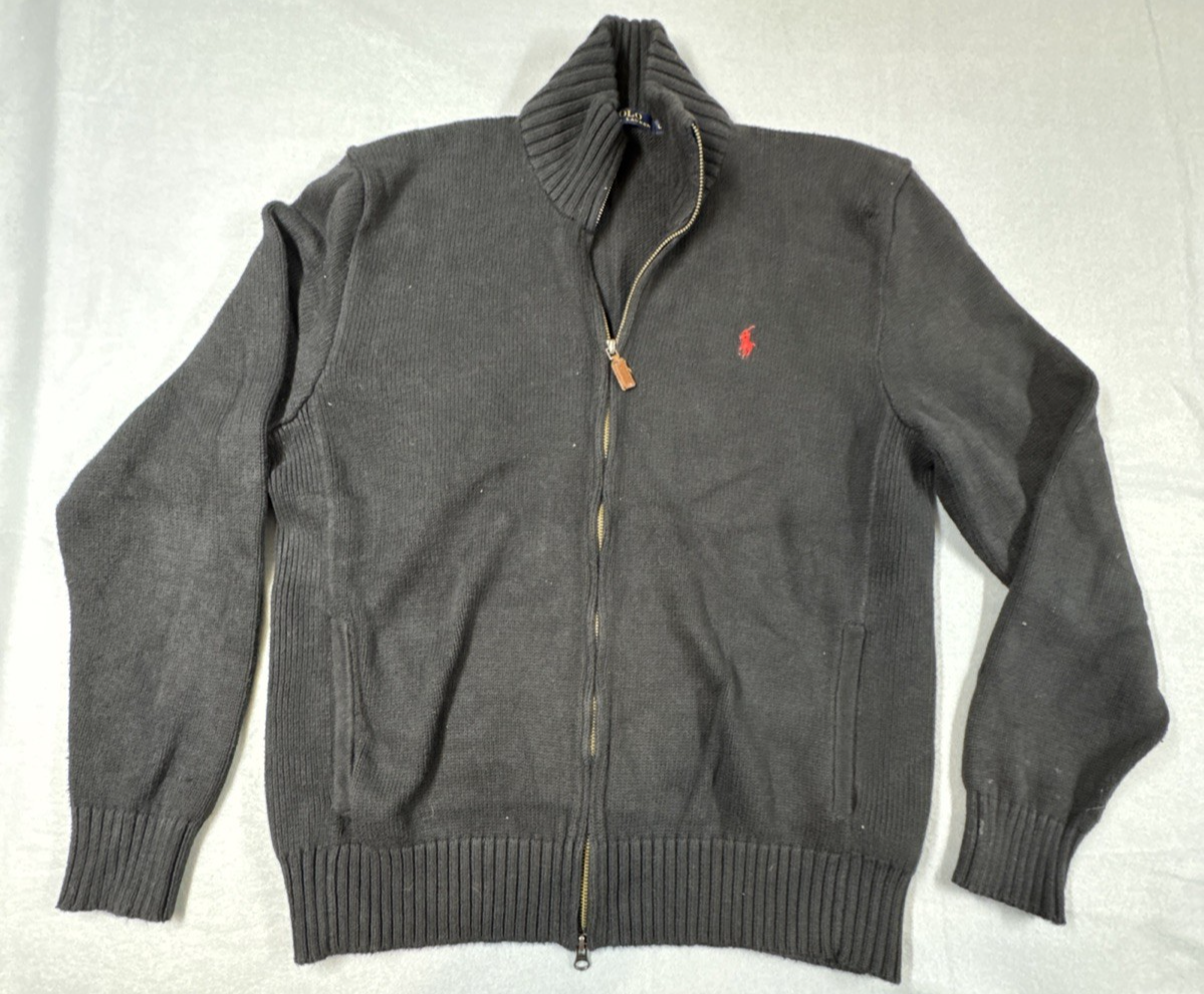 Polo Ralph Lauren finto collo maglione zip intera ROSSO LOGO PONY TAGLIA L nero