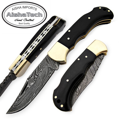   Little Master Lock Back Pocket Knife Damascus Steel Bl w/Sharpening RodAT-1012