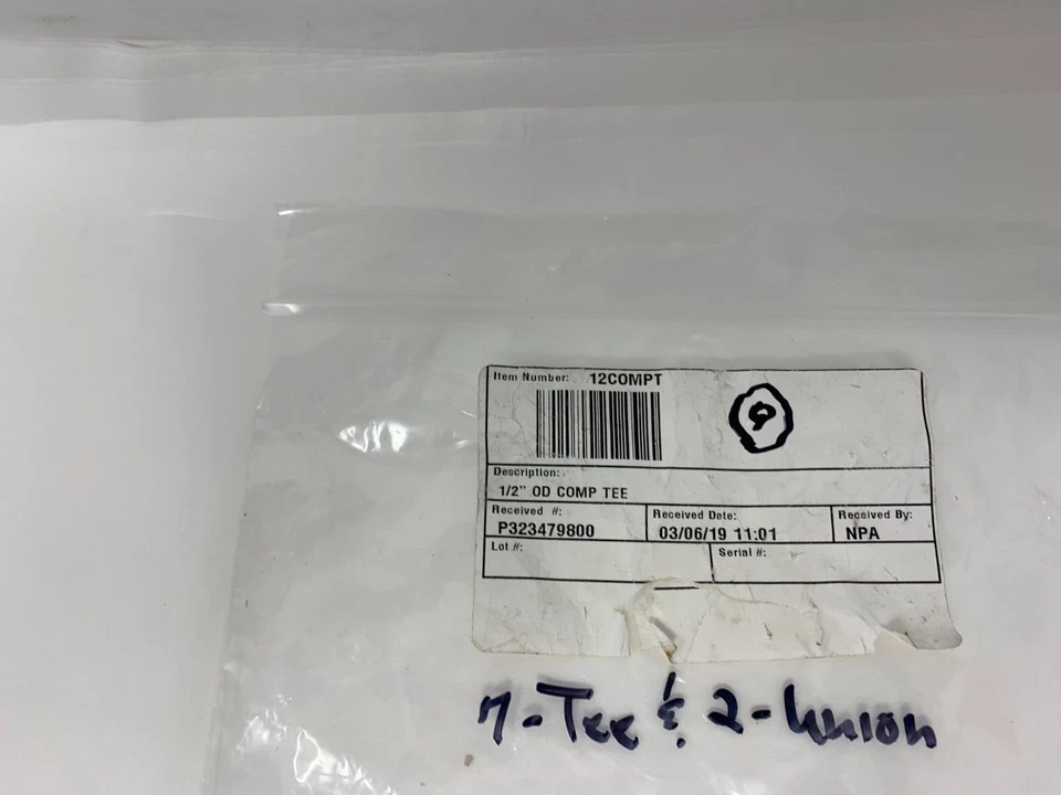 Lot of 9 1/2" OD 12COMPT Brass Compression Pipe Tee & Union Fittings - Image 3 of 3