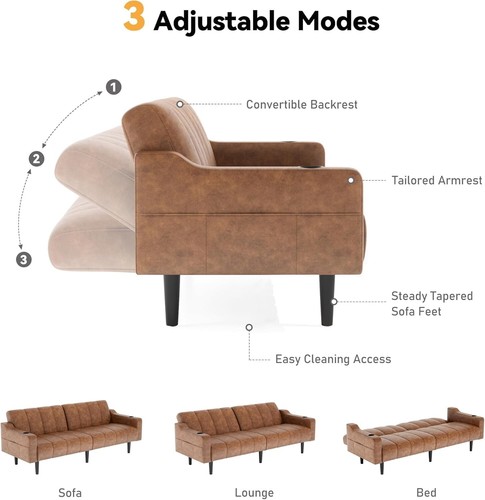80" Leather Couch 3-in-1 Convertible Sofa Bed with Adjustable Backrest Brown - Picture 2 of 9