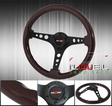 345mm Dark Wood Grain Black Center Steering Wheel + Jdm Vip Godsnow Button Horn