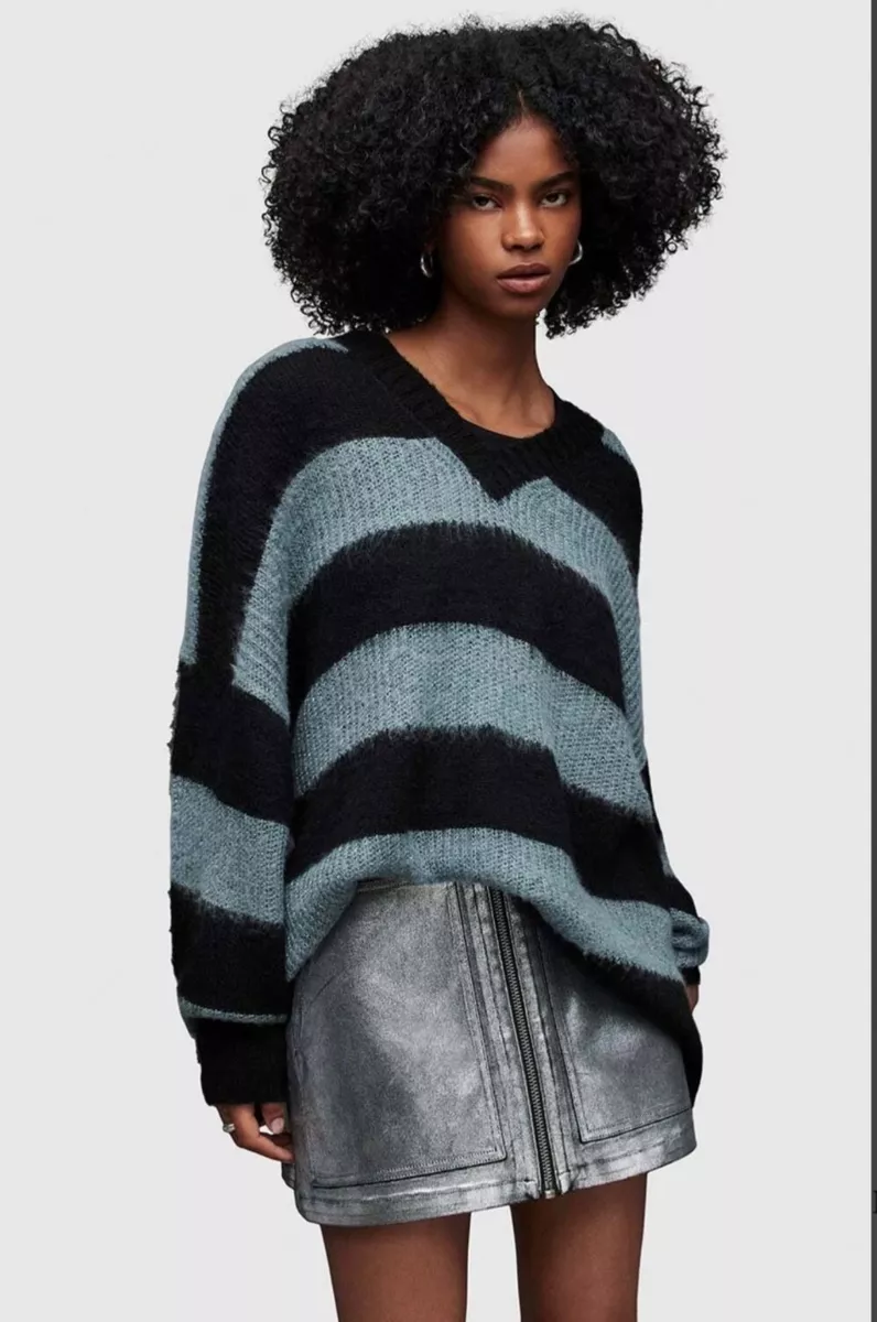 ALLSAINTS Lou Sparkle V Neck Striped Oversized Sweater Black Cloud