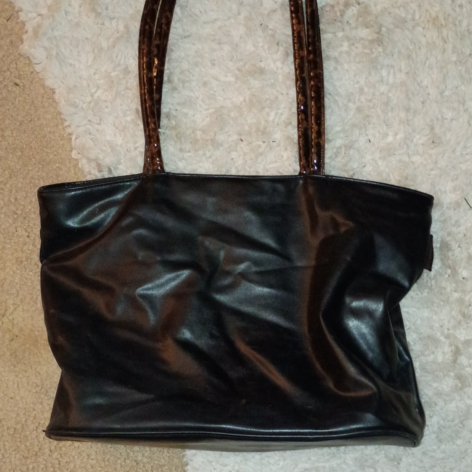 Black Tote Bag with Brown Double Handles, Zip Snap Closure, Inner Pockets